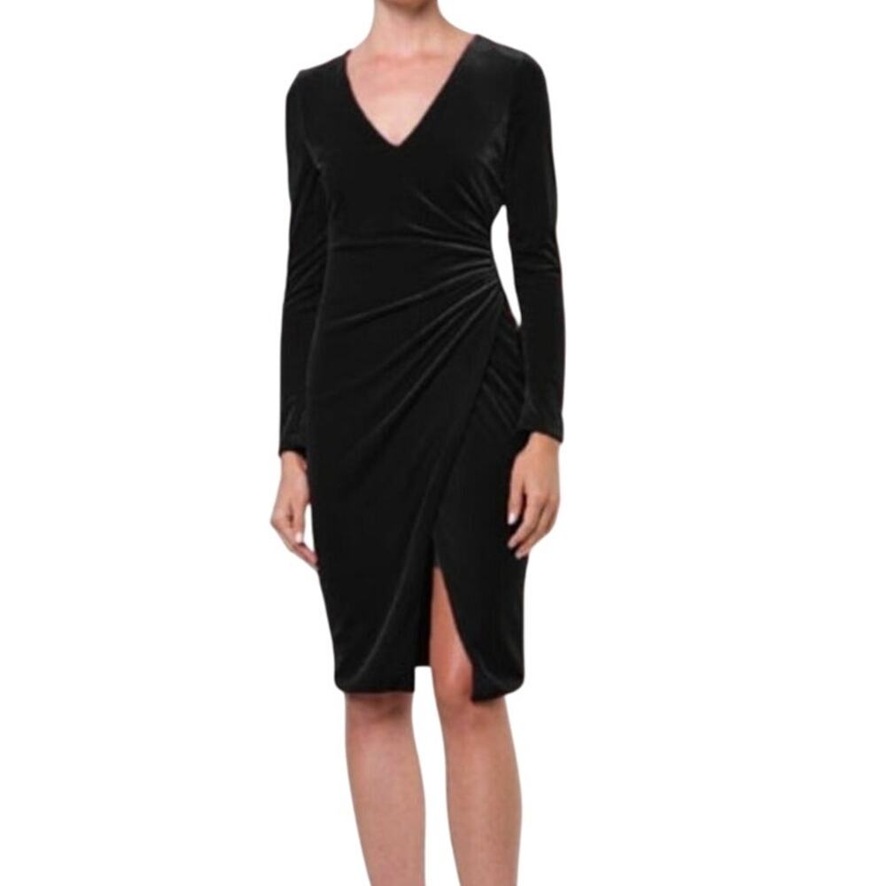 NWT Black Halo Crushed Velvet‎ V Neck Ruched Black Dress Size 4